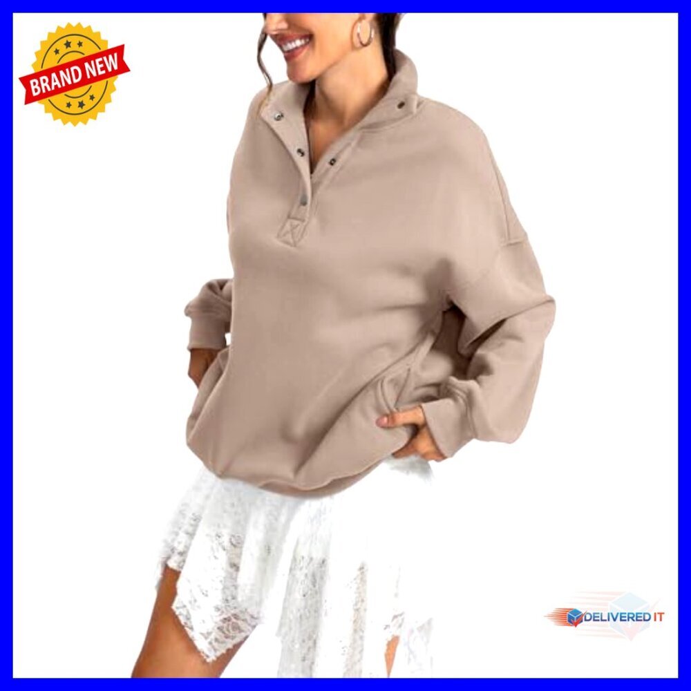 Oversized Fleece Sweatshirt Henley Neck Button Pullover Long Sleeve Top - Picture 3 of 7